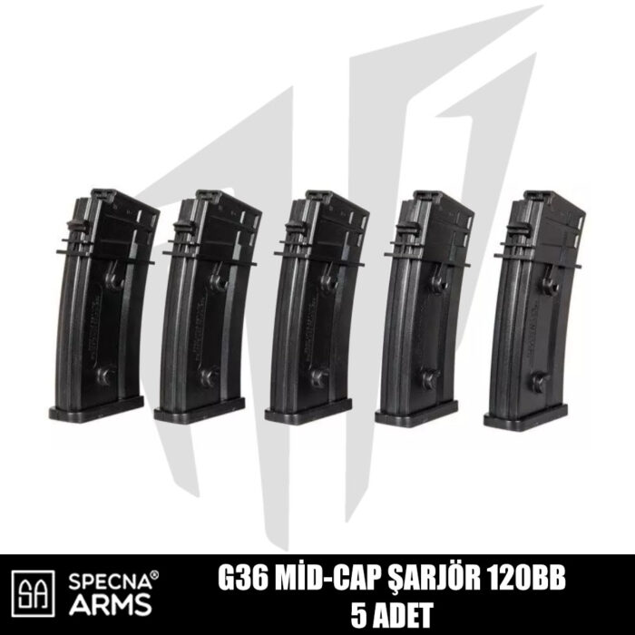 Specna Arms G36 Airsoft Tüfekleri İçin 5'li Mid-Cap 120 BB Şarjör Seti - Siyah