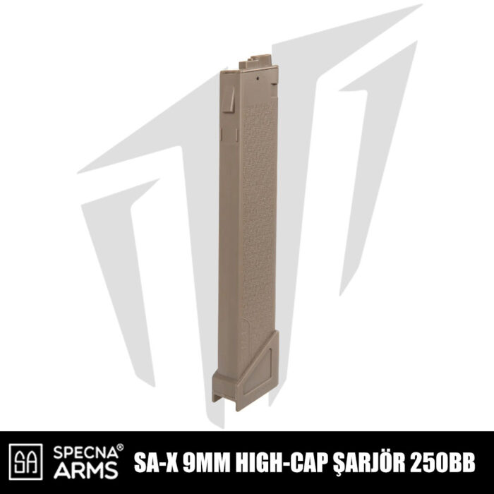 Specna Arms Sa-x 9MM Airsoft Tüfekleri İçin High-Cap 250 BB Airsoft Şarjör – Tan