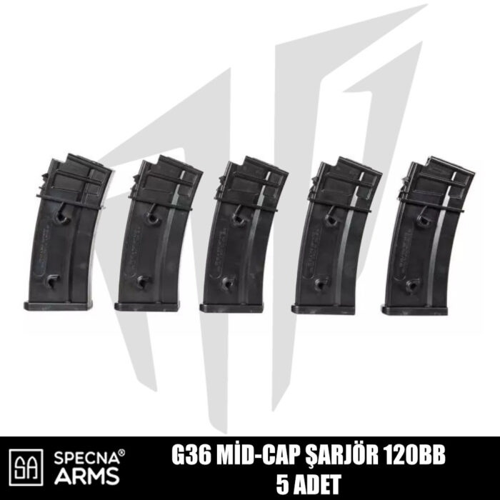 Specna Arms G36 Airsoft Tüfekleri İçin 5'li Mid-Cap 120 BB Şarjör Seti - Siyah