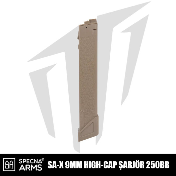 Specna Arms Sa-x 9MM Airsoft Tüfekleri İçin High-Cap 250 BB Airsoft Şarjör – Tan