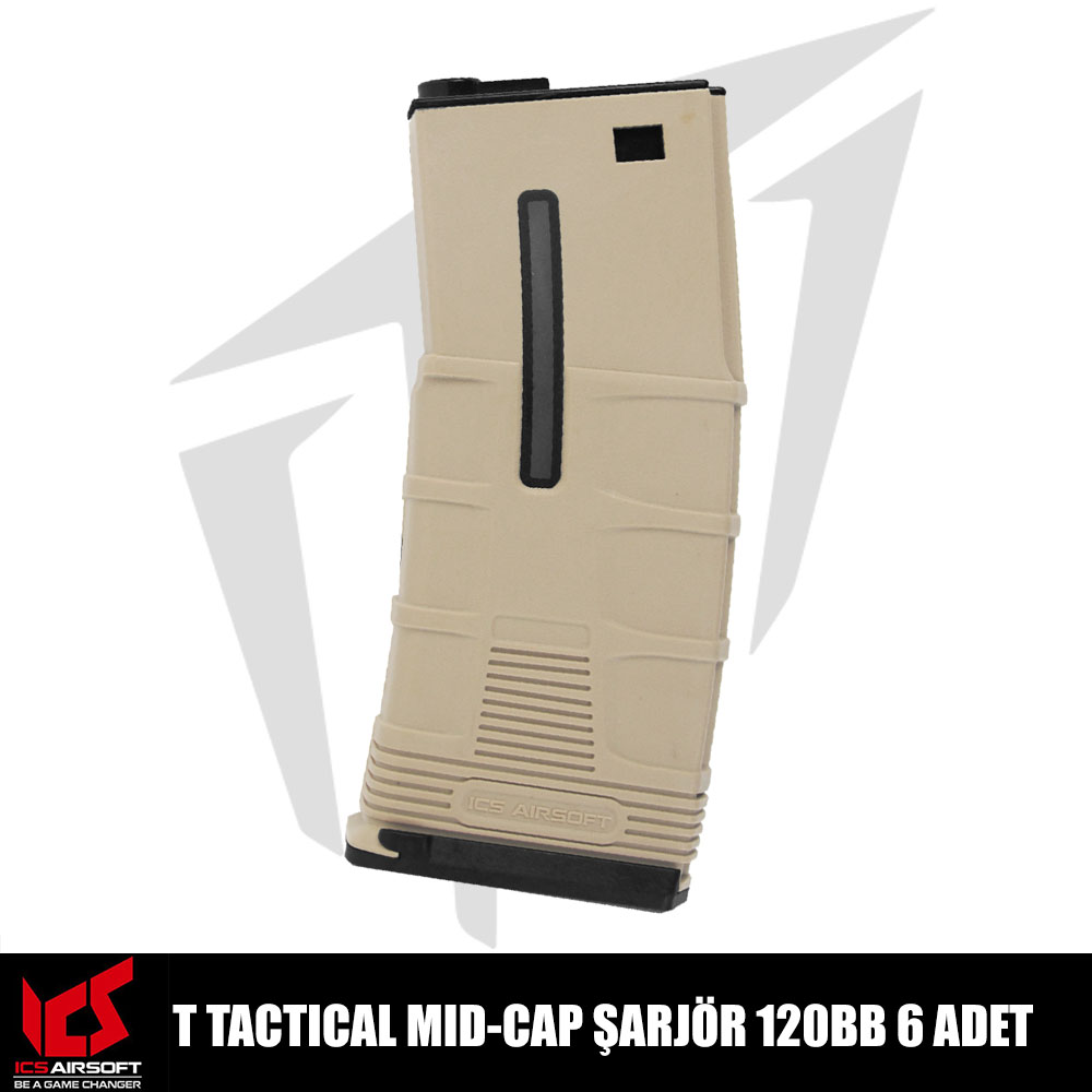 ICS Airsoft T Tactical Airsoft Tüfekleri İçin 6’li Mid-Cap 120 BB Şarjör Seti – Tan